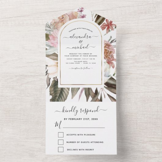 Invitation Tout En Un Boho Dusty rose Bourgogne Mariage automne (À l'intérieur)