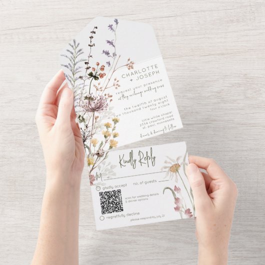Invitation Tout En Un Boho Fleur sauvage moderne QR Code (Déchirure)