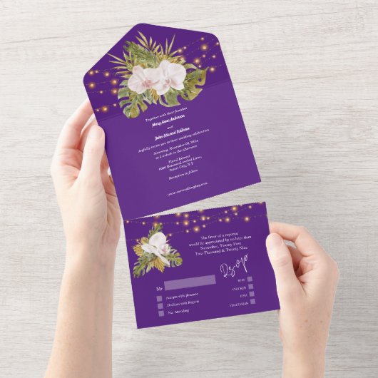 Invitation Tout En Un Boho fleuri violet orchidée fleur sauvage chic mar (Déchirure)