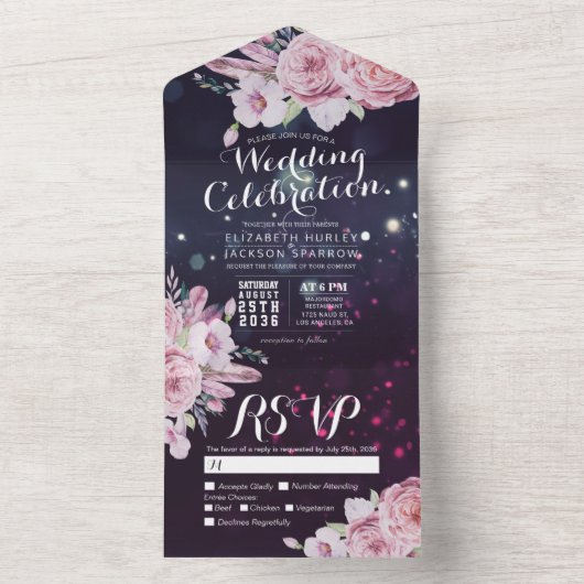 Invitation Tout En Un Boho Fleurs Plumes Violet Parkle Mariage RSVP (À l'intérieur)