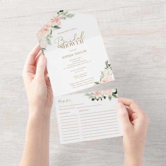 Invitation Tout En Un Boho Floral Blush Rose Sage Fête des mariées verte (Déchirure)
