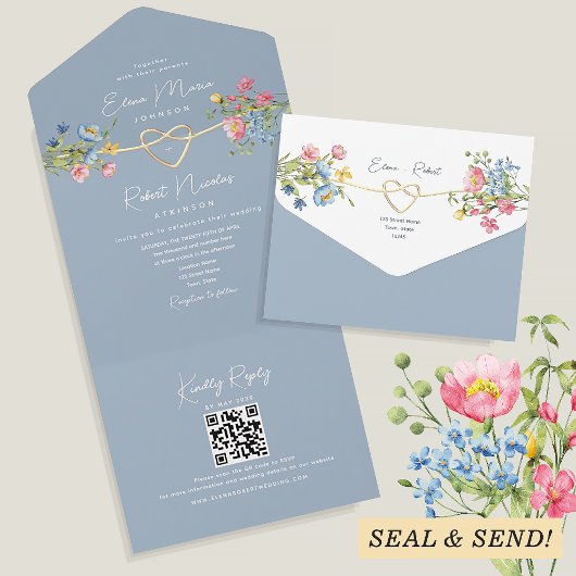 Invitation Tout En Un Boho Floral Dusty Mariage bleu