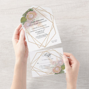 Invitation Tout En Un Boho Floral Herbe de Pampas Protéa Géométrique Or
