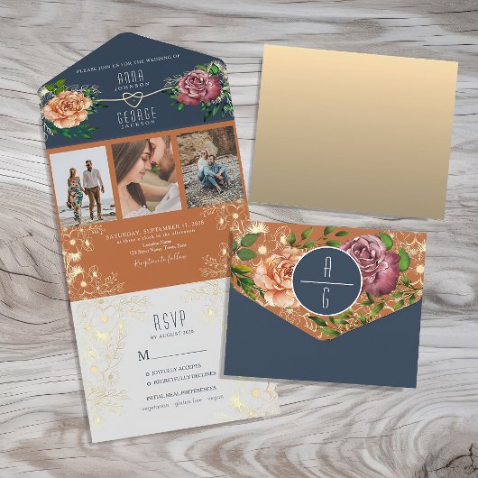 Invitation Tout En Un Boho Floral Orange et Mariage bleu marine