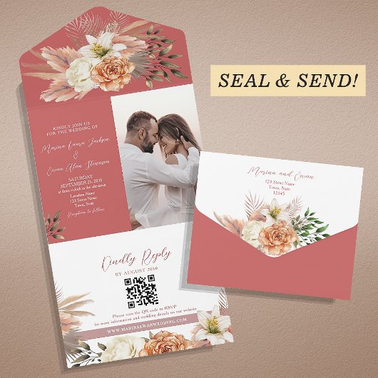 Invitation Tout En Un Boho Floral Peach Mariage