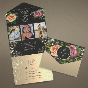 Invitation Tout En Un Boho Floral Photo Mariage Noir
