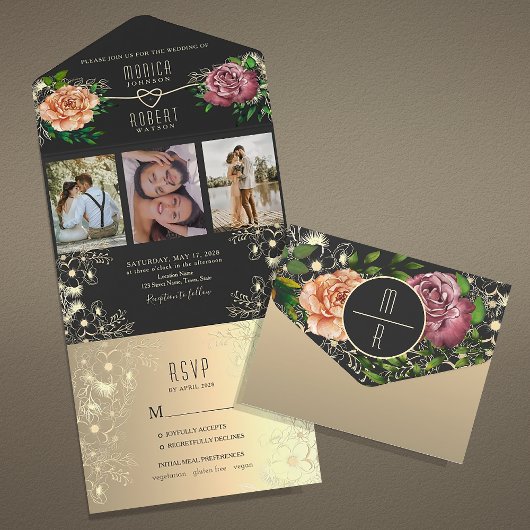 Invitation Tout En Un Boho Floral Photo Mariage noir