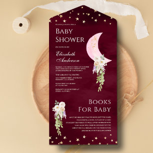 Invitation Tout En Un Boho Floral rose Lune Bourgogne Baby shower