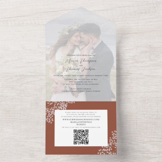 Invitation Tout En Un Boho Foliage Terracotta Photo QR Code Site Web (À l'intérieur)