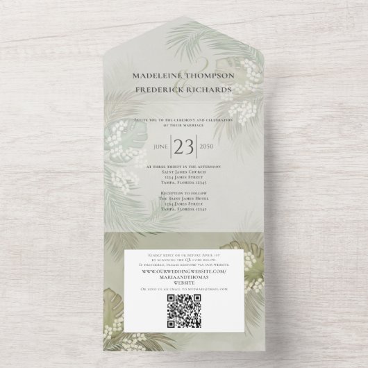 Invitation Tout En Un Boho Foliage Tropical Palm Feuille Budget QR Code (À l'intérieur)