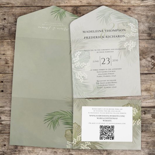 Invitation Tout En Un Boho Foliage Tropical Palm Feuille Budget QR Code