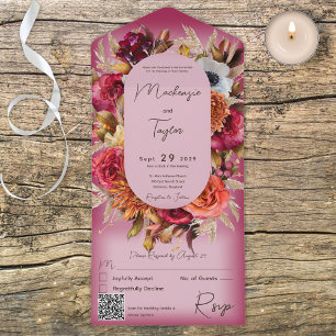 Invitation Tout En Un Boho Fuchsia rose moderne fleurie Wreath QR Code