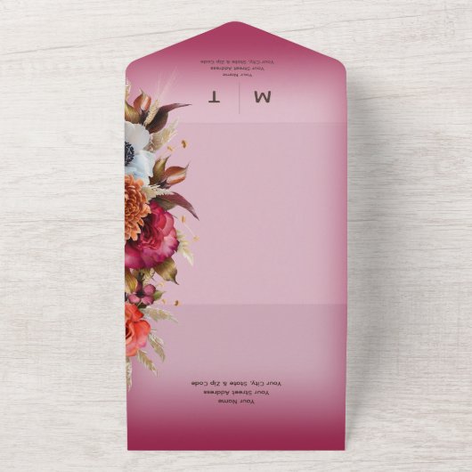 Invitation Tout En Un Boho Fuchsia rose moderne fleurie Wreath QR Code (Dehors)