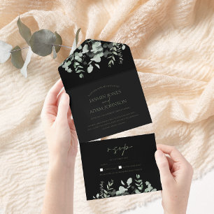 Invitation Tout En Un Boho Green Black Eucalyptus Mariage