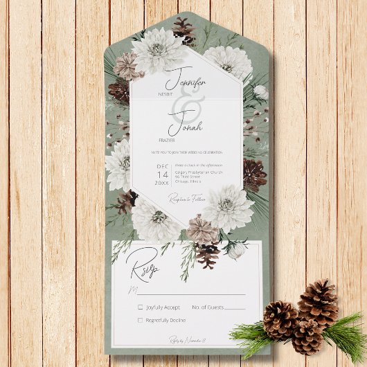 Invitation Tout En Un Boho Hiver Blanc Floral & Pine Vert Pas de dîner