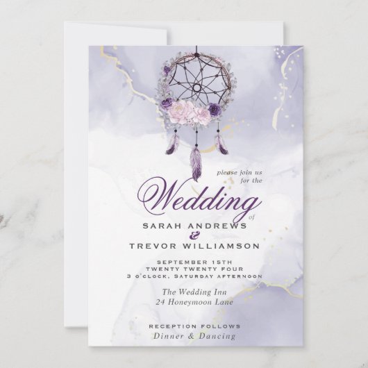 Invitation Tout en un BOHO Mariage violet Dream Catcher (Devant)