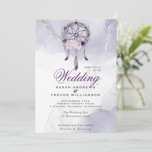 Invitation Tout en un BOHO Mariage violet Dream Catcher (Debout devant)