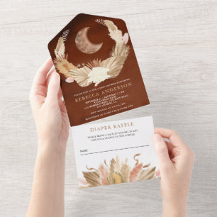 Invitation Tout En Un Boho Moon Herbe de la Pampa Terracotta Baby Shower