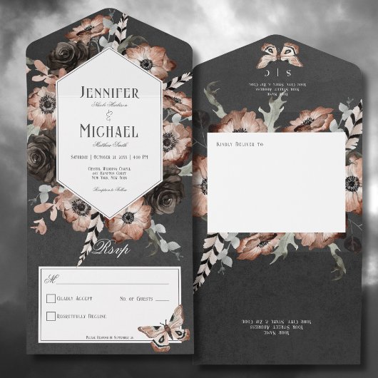 Invitation Tout En Un Boho Moth gothique Noir & Brown Floral Pas de dîne