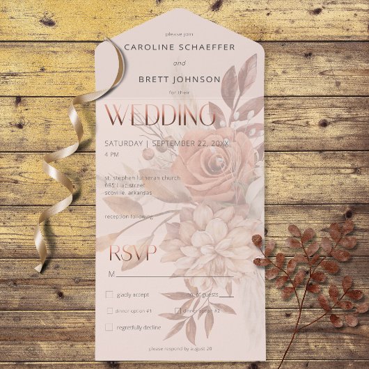 Invitation Tout En Un Boho Neutral Soft Automne Bouquet Dîner Blush
