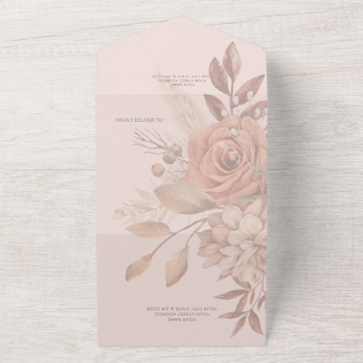 Invitation Tout En Un Boho Neutral Soft Autumn Bouquet Blush QR Code (Dehors)