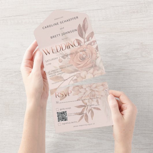 Invitation Tout En Un Boho Neutral Soft Autumn Bouquet Blush QR Code (Déchirure)