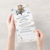 Invitation Tout En Un Boho Neutral Teddy Bear Baby shower d'avion bleu (Déchirure)