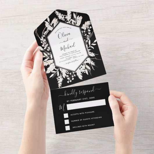 Invitation Tout En Un Boho Noir Blanc Beige Botanique Mariage RSVP (Déchirure)