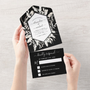 Invitation Tout En Un Boho Noir Blanc Beige Botanique Mariage RSVP