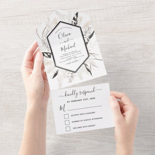 Invitation Tout En Un Boho Noir Blanc Beige Botanique Mariage RSVP (Déchirure)