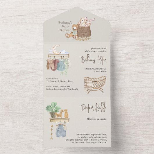 Invitation Tout En Un Boho Nursery Baby shower Book and Diapers (À l'intérieur)