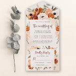Invitation Tout En Un Boho orange rustique | Mariage d'aquarelle<br><div class="desc">Ces invitations de mariage tout-en-un,  magnifiques et romantiques,  présentent un style boho branché et une élégante calligraphie bordeaux. Des bouquets bohèmes rustiques de fleurs orange,  pêche,  rougies et taupes et des feuilles botaniques neutres décorent les coins,  avec des éclaboussures d'aquarelle assorties sur un arrière - plan moelleux.</div>