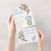 Invitation Tout En Un Boho Pampas Blue Floral Teddy Bear Baby shower (Déchirure)
