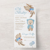 Invitation Tout En Un Boho Pampas Blue Floral Teddy Bear Baby shower (À l'intérieur)