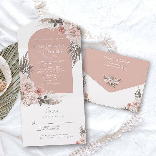 Invitation Tout En Un Boho Pampas Dusty rose Mariage floral