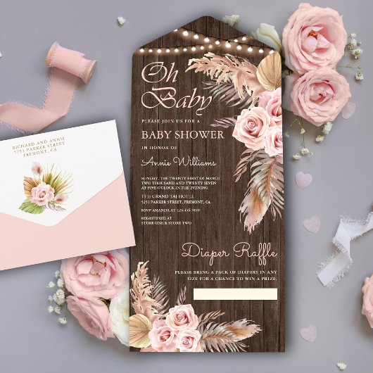 Invitation Tout En Un Boho Pampas Grass Dusty Rose Baby shower en bois