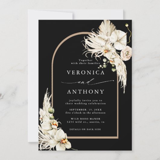 Invitation Tout en un Boho Pampas Grass Orchid Mariage noir (Devant)