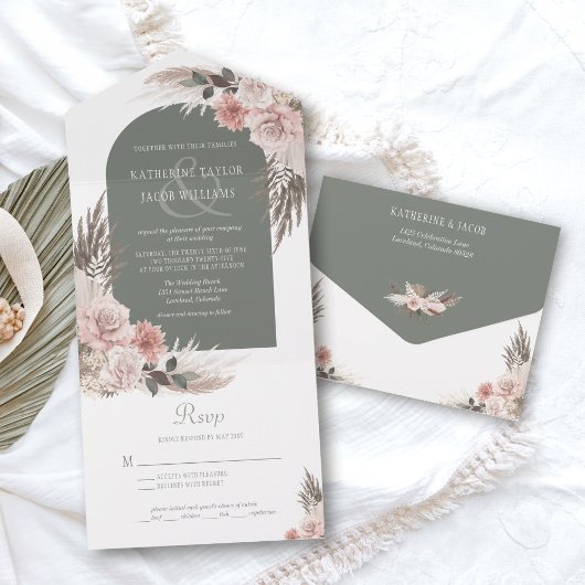 Invitation Tout En Un Boho Pampas Grass Sage Vert Floral Mariage