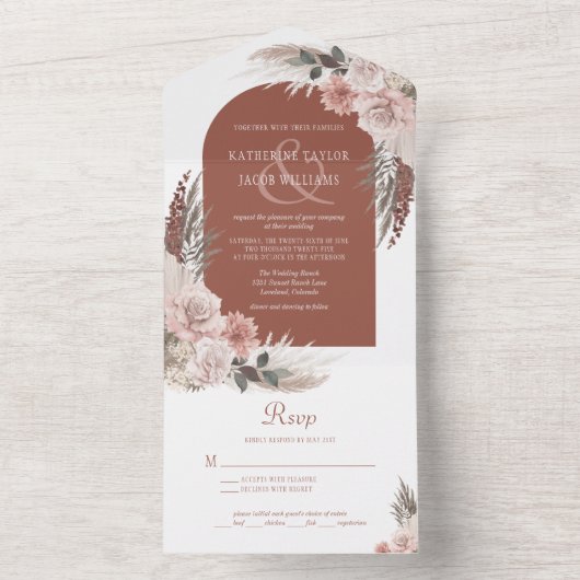 Invitation Tout En Un Boho Pampas Grass Terracotta Mariage (À l'intérieur)
