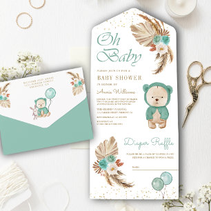 Invitation Tout En Un Boho Pampas Green Floral Teddy Bear Baby shower