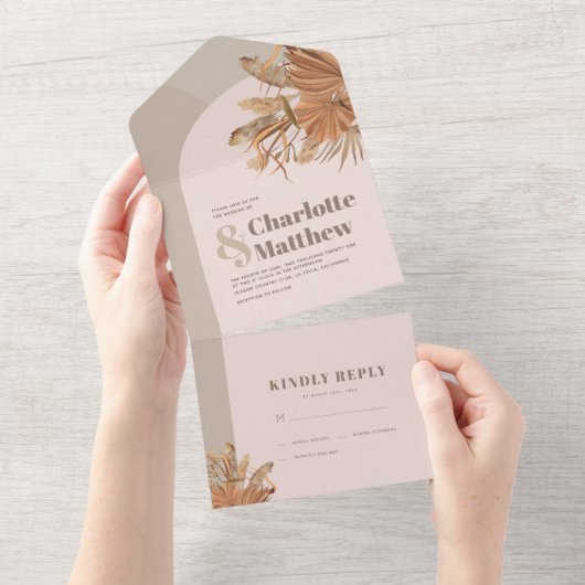 Invitation Tout En Un Boho Pampas Mariage rose pâle (Déchirure)