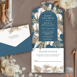 Invitation Tout En Un Boho Pampas Orchidée blanche Dusty Baby shower ble