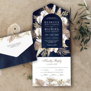 Invitation Tout En Un Boho Pampas Orchidée blanche Mariage de la marine 