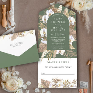 Invitation Tout En Un Boho Pampas Orchidée blanche Sage Baby shower vert