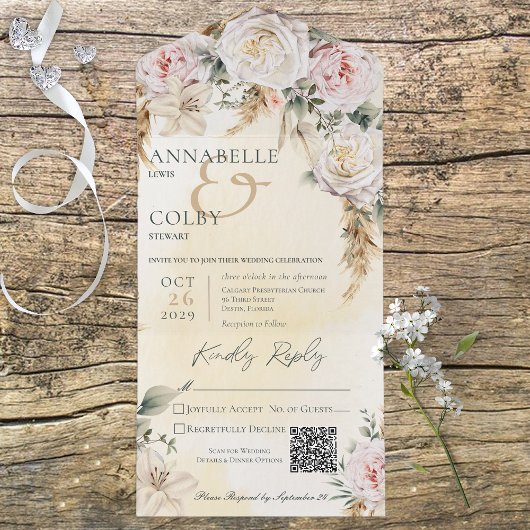 Invitation Tout En Un Boho Pampas & Roses roses rose Code QR jaune