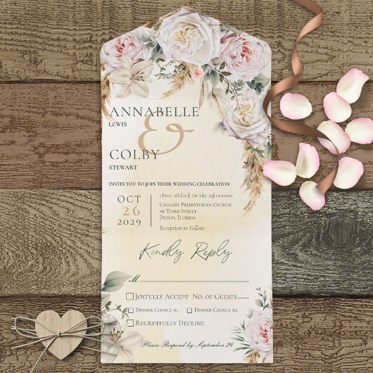 Invitation Tout En Un Boho Pampas & Roses Roses Roses Rose Dîner Jaune