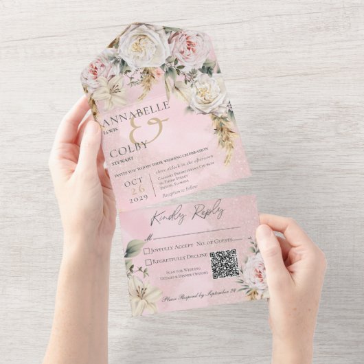 Invitation Tout En Un Boho Pampas & Roses roses roses rose QR Code (Déchirure)