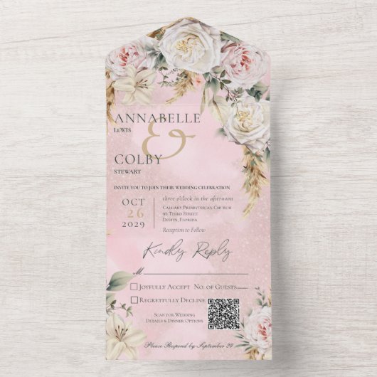 Invitation Tout En Un Boho Pampas & Roses roses roses rose QR Code (À l'intérieur)