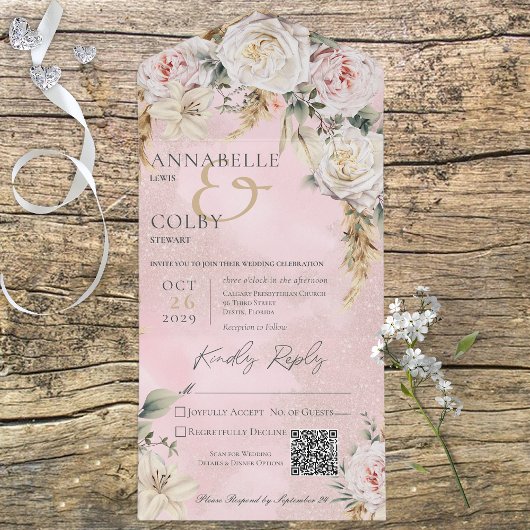 Invitation Tout En Un Boho Pampas & Roses roses roses rose QR Code