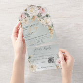 Invitation Tout En Un Boho Pampas & Roses roses vertes Code QR (Déchirure)